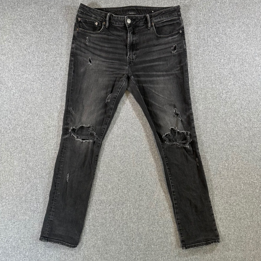 American Eagle Jeans Mens 36x32 Airflex+ Slim Black Distressed Heavy Distressed